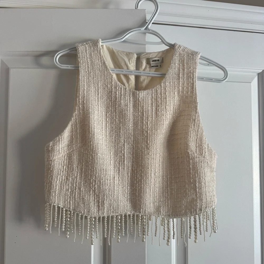 Jason Wu Cream Sleeveless Crop Top Pearl Fringe - Picture 9 of 10